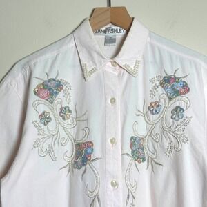 Jane Ashley Vintage Pink Embroidered Pearl‎ Button Up Shirt Womens Medium Floral